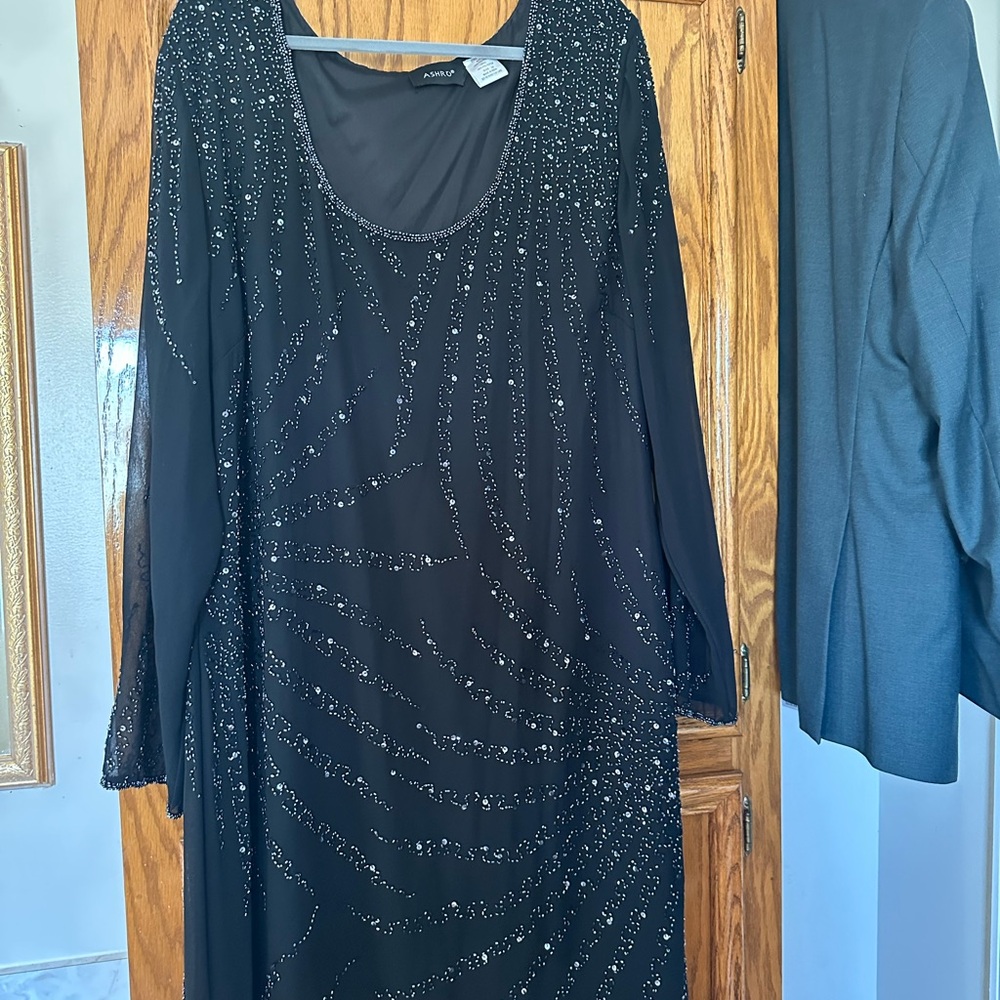 Elegant Black Long Sleeve Beaded Dress
